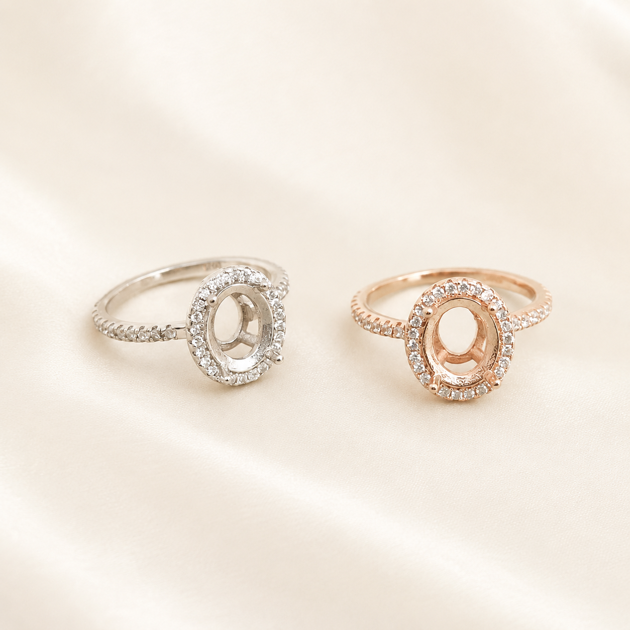 925 Sterling Silver Halo Oval Ring Setting in silver and rose gold side by side