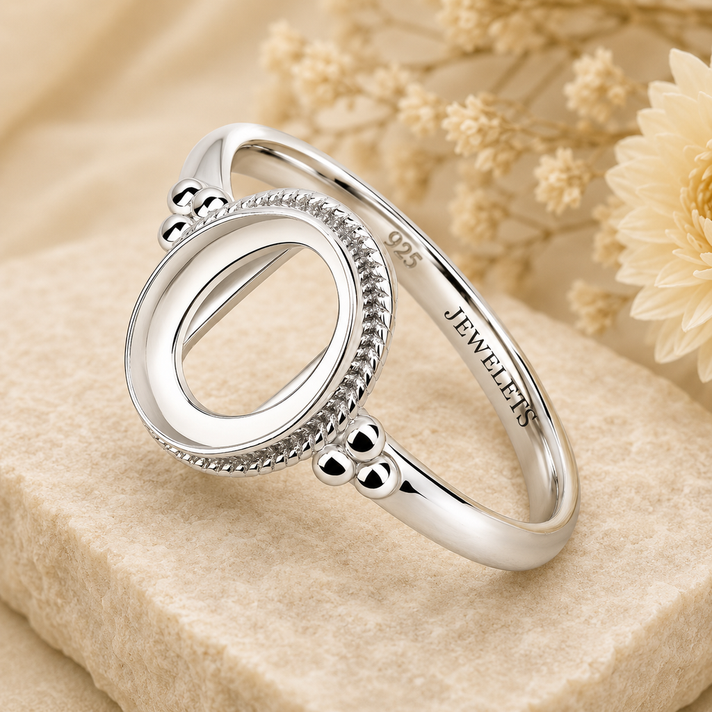 925 Sterling Silver Ring Blank – 8x10mm Oval Bezel Setting, Rope-Twist Milgrain Frame, Triple Ball Shoulders, Rhodium Plated