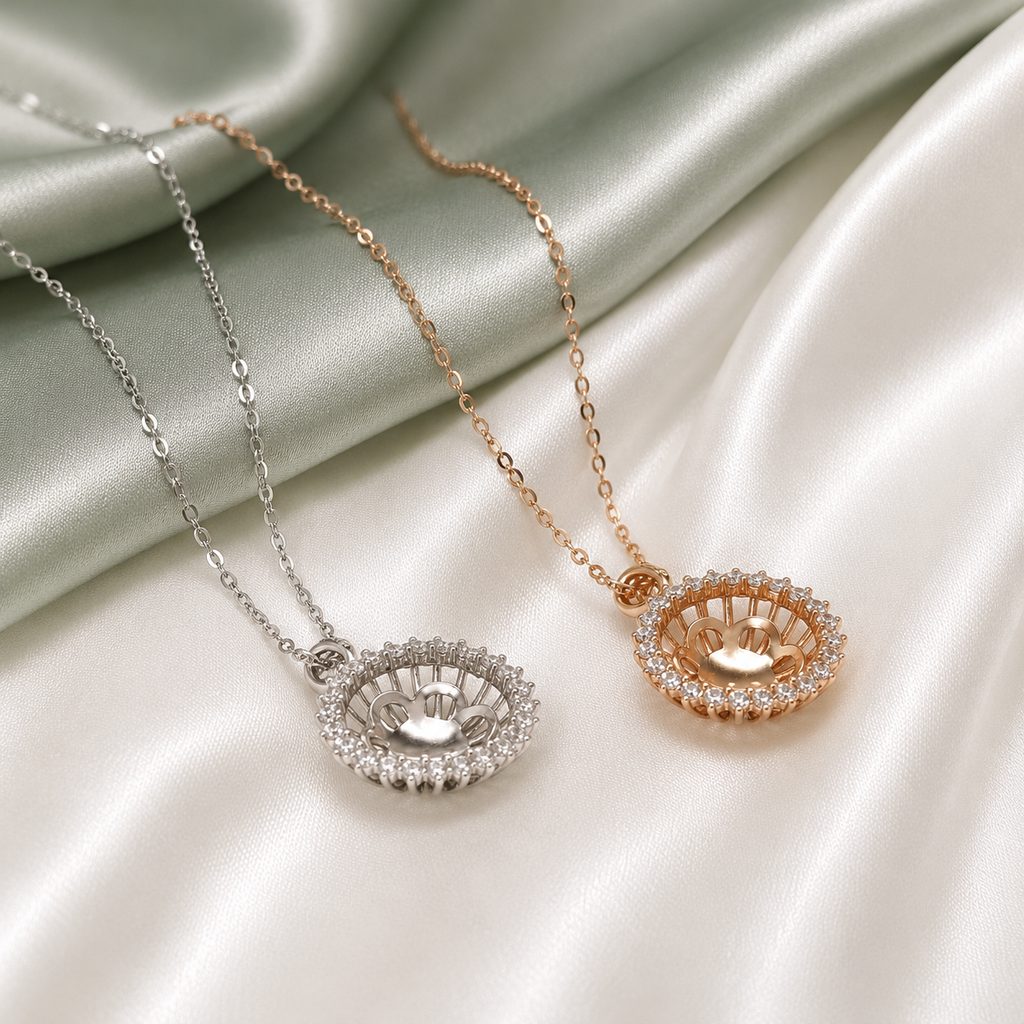 925 Sterling Silver Sunflower Halo Necklace Setting – Silver and Rose Gold open blanks side by side on sage green satin background
