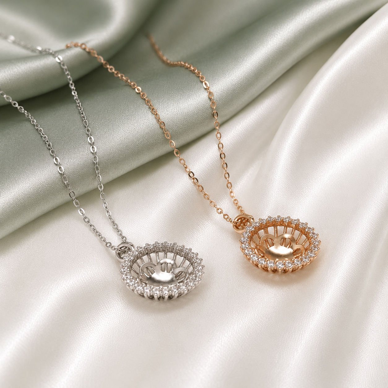 925 Sterling Silver Sunflower Halo Necklace Setting – Silver and Rose Gold open blanks side by side on sage green satin background