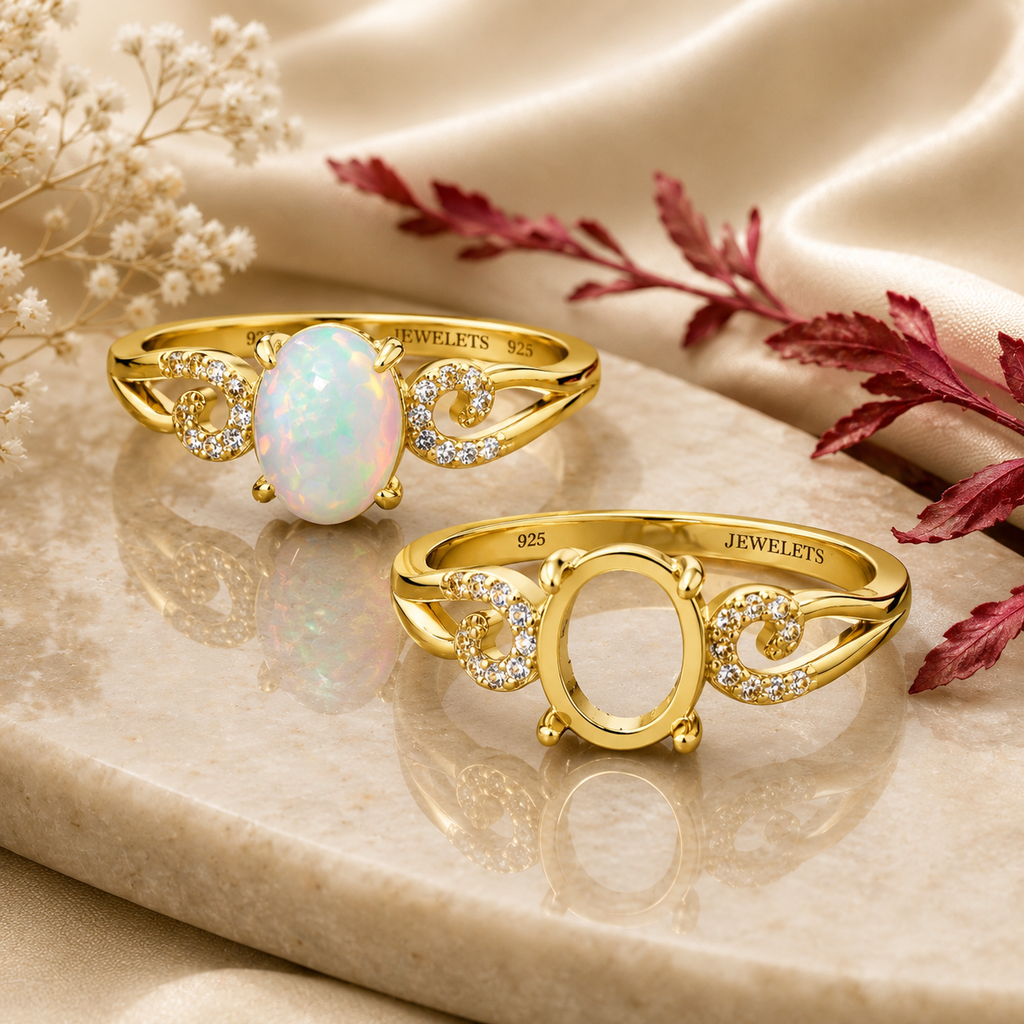 Gold Plated Sterling Silver Ring Setting Blank – 7x9mm Oval Prong, CZ Scroll Side Stones