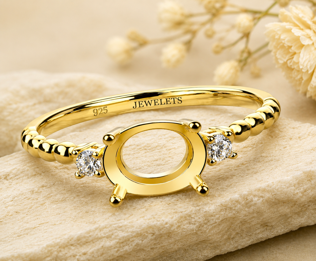 Gold Plated 925 Sterling Silver Ring Blank – 6x4mm Oval Prong Setting, Single CZ Side Stones, Beaded Band Semi Mount