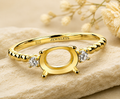 Gold Plated 925 Sterling Silver Ring Blank – 6x4mm Oval Prong Setting, Single CZ Side Stones, Beaded Band Semi Mount