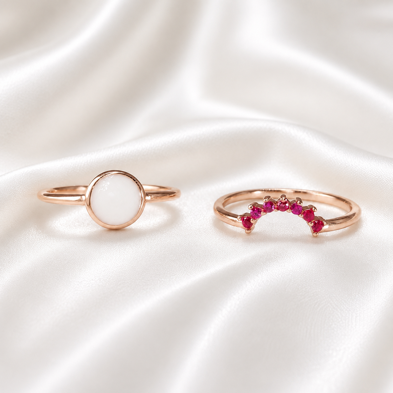 Rose gold round bezel ring set with ruby red birthstone stacker band on white satin