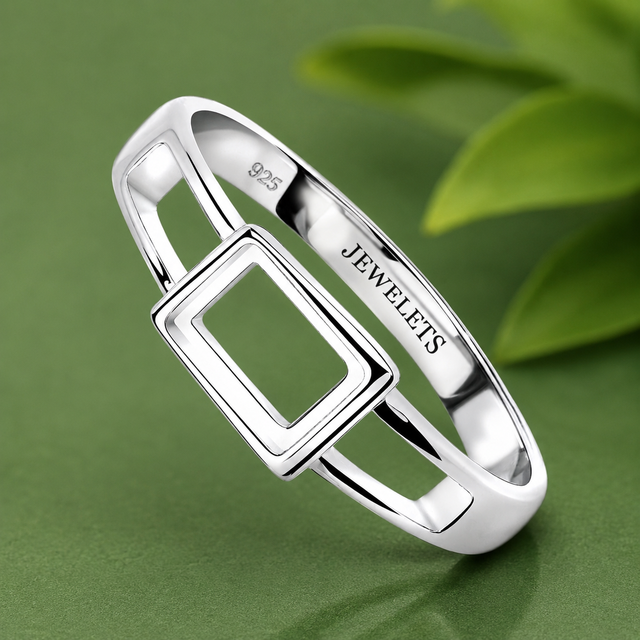 925 Sterling Silver Ring Blank – 5x7mm Rectangle Bezel, Open Floating Band, Rhodium Plated Modern Semi Mount