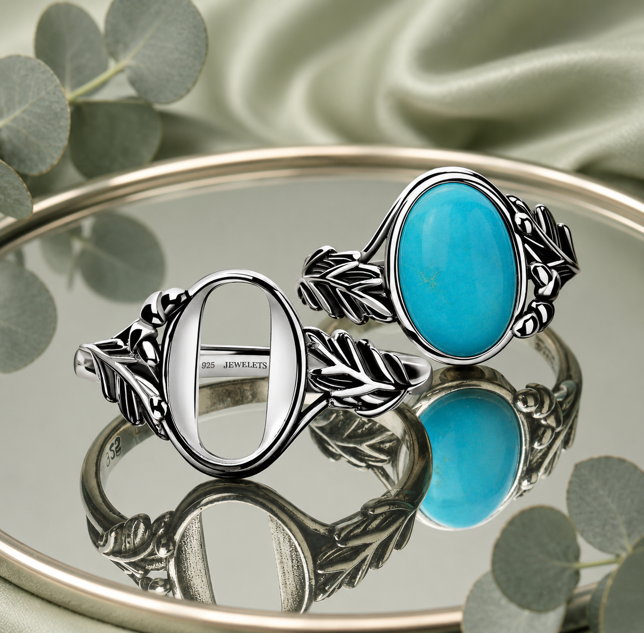 925 Sterling Silver Ring Setting Blank – 8x12mm Oval Bezel, Oak Leaf Bavarian Hunting Style Band