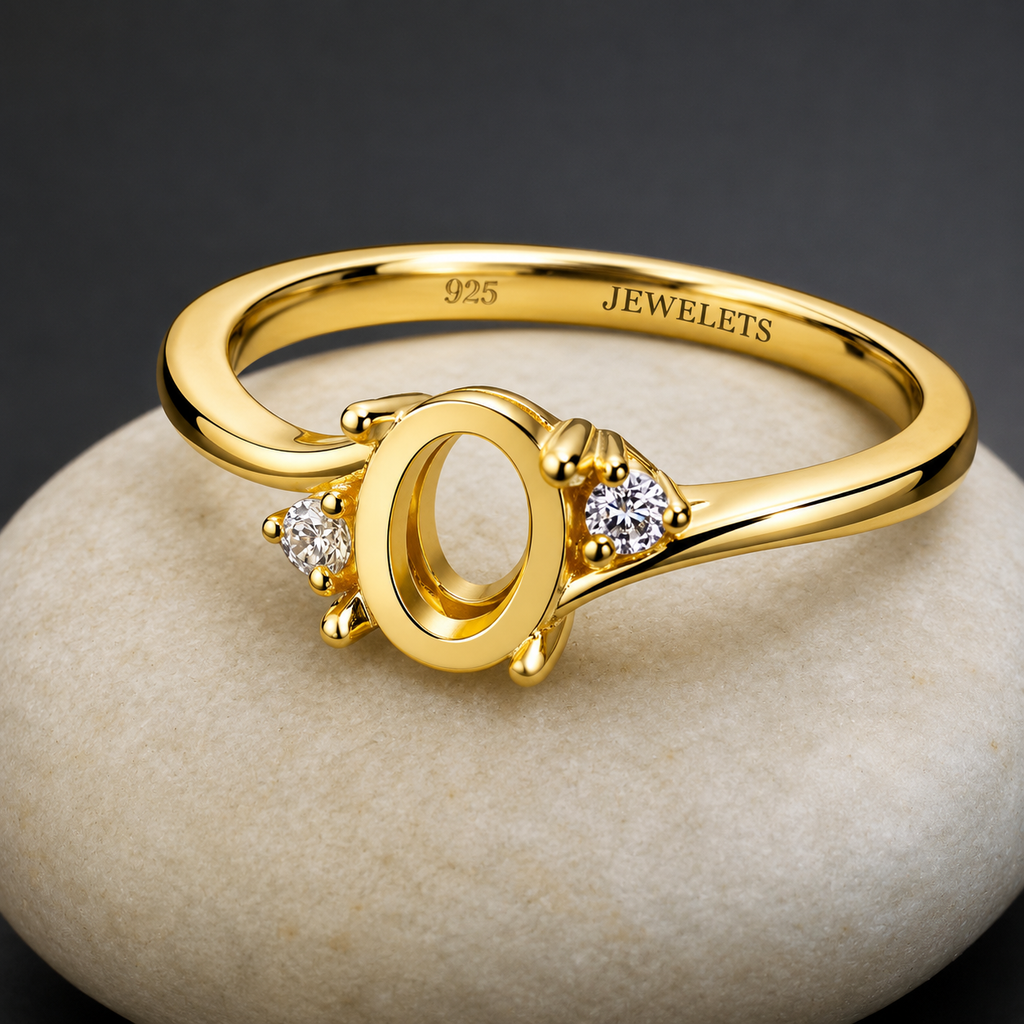 Gold Plated 925 Sterling Silver Ring Blank – 5x7mm Oval Prong Setting, Three-Stone CZ Accents, Slim Band Semi Mount