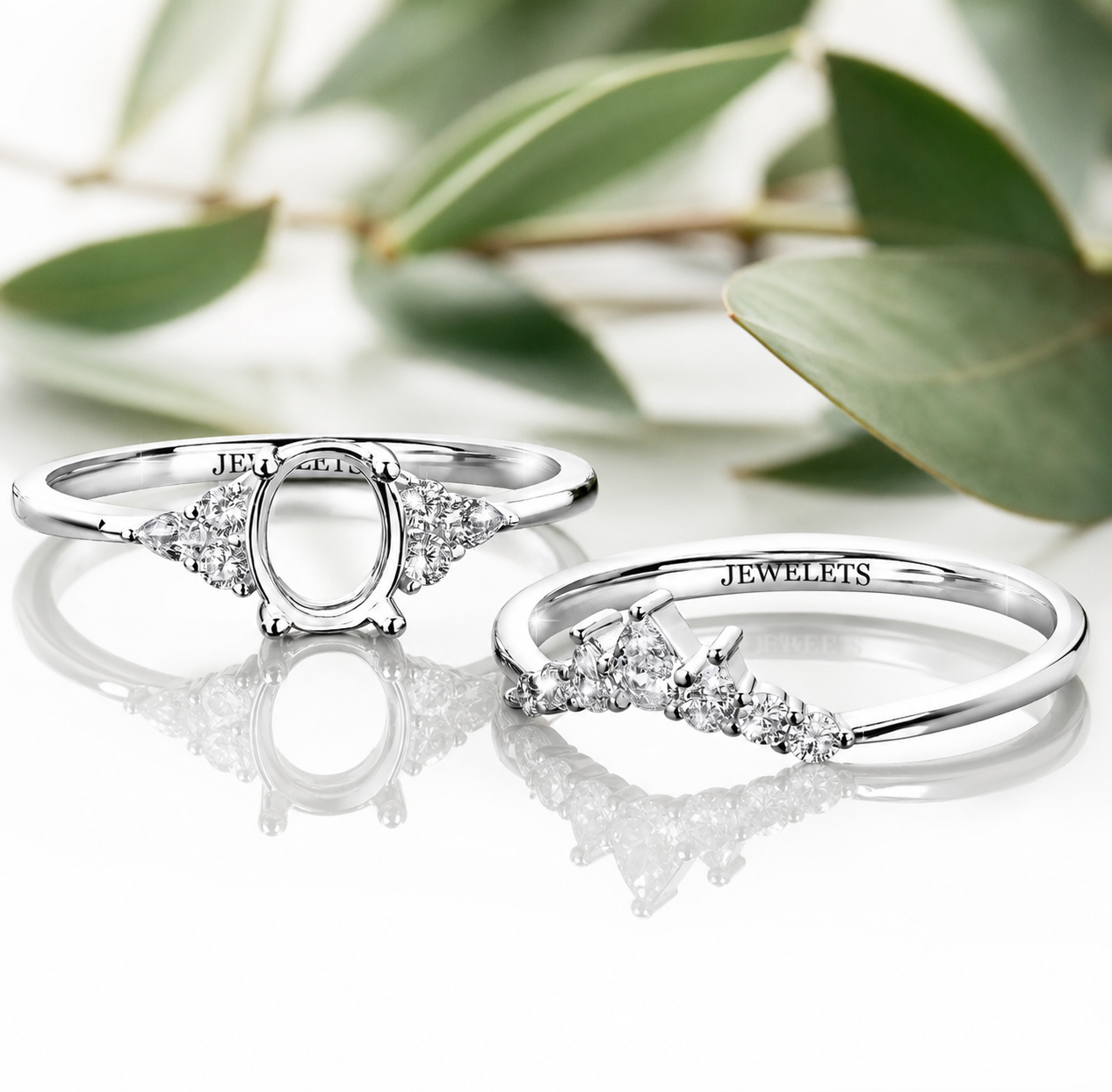 925 Sterling Silver Bridal Ring Set Blank – 6x8mm Oval 6-Prong Semi Mount with Pear & Round CZ Starburst Crown + Matching Chevron CZ Wedding Band