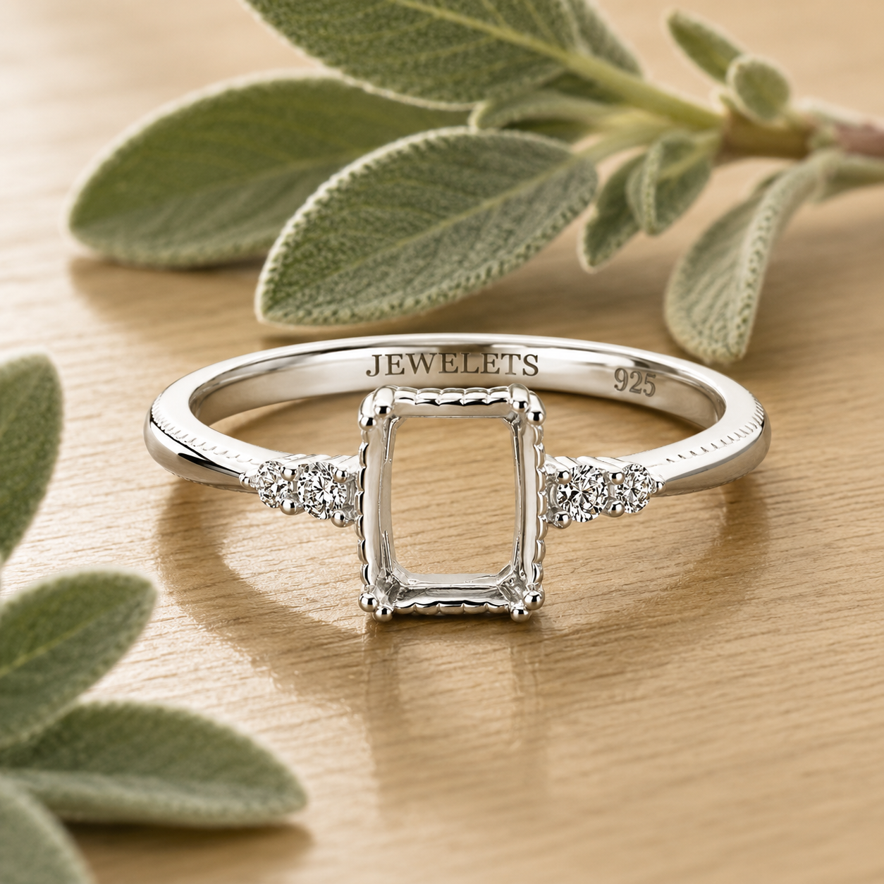 925 Sterling Silver Ring Setting Blank – 6x8mm Emerald Cut Bezel, CZ Trio Shoulders, Milgrain Band