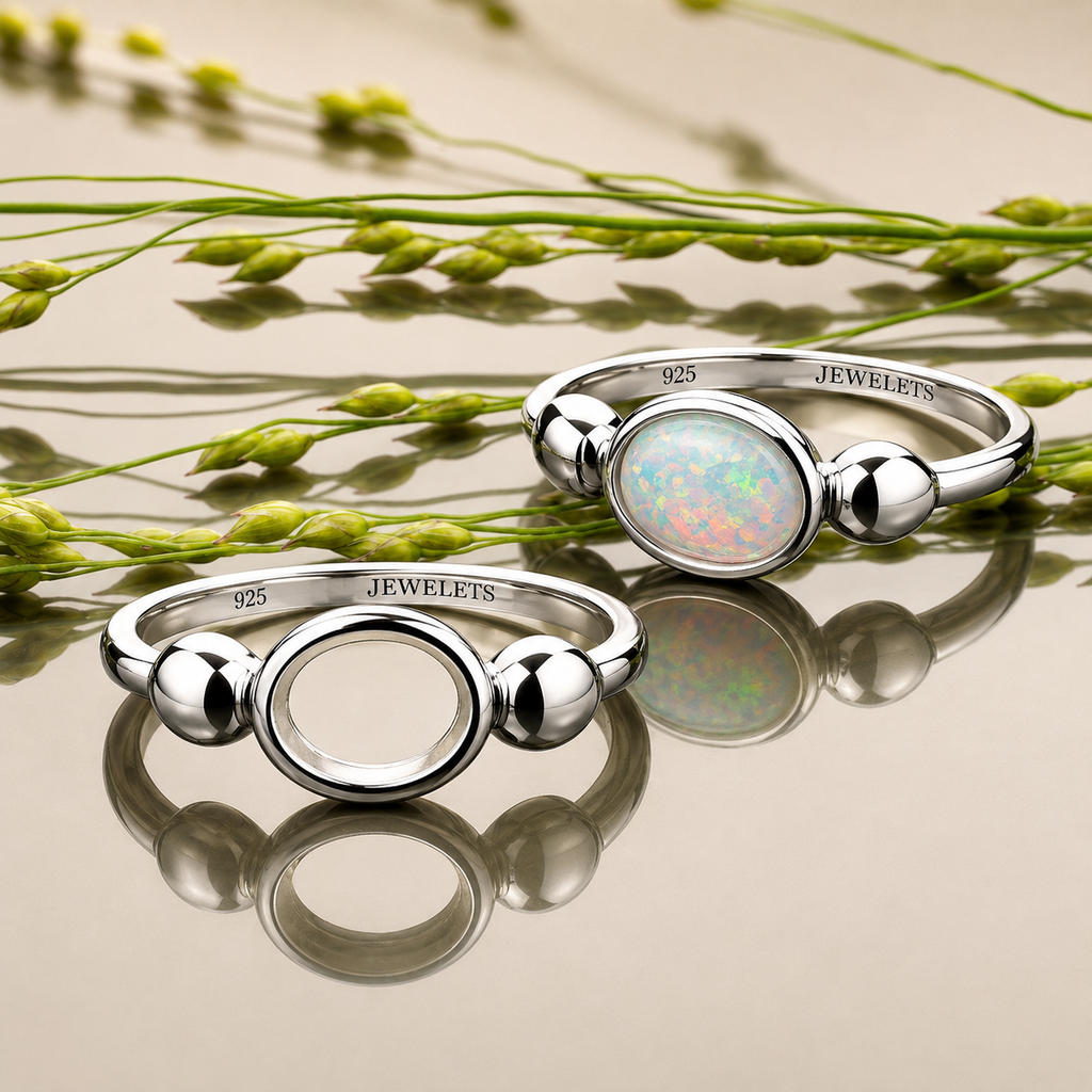925 Sterling Silver Ring Blank – 6x8mm Oval Bezel Setting, Polished Ball Shoulders, Rhodium Plated Semi Mount