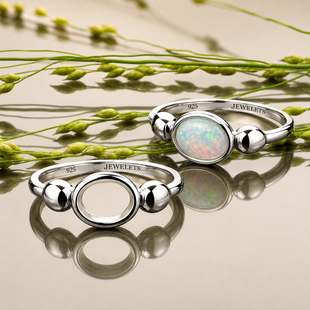925 Sterling Silver Ring Blank – 6x8mm Oval Bezel Setting, Polished Ball Shoulders, Rhodium Plated Semi Mount