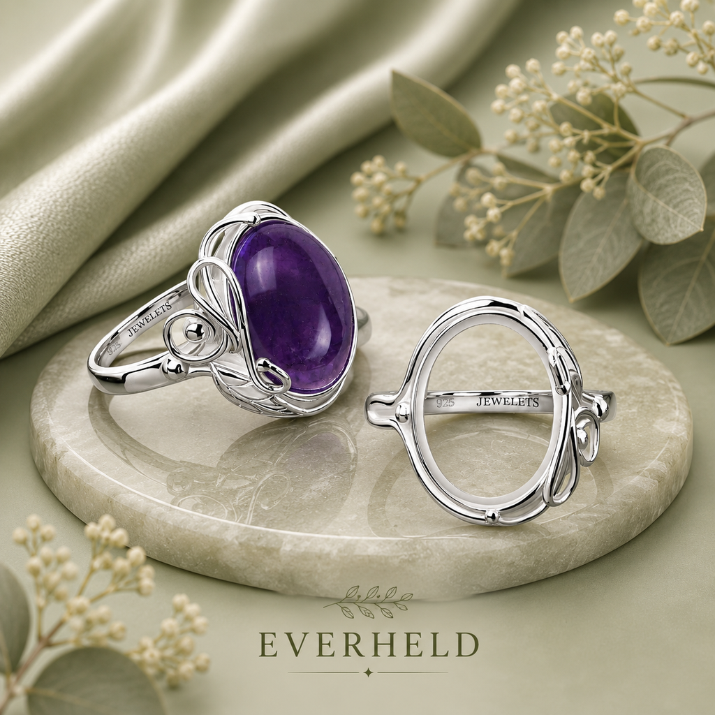 925 Sterling Silver Ring Setting Blank – Oval Bezel, Art Nouveau Leaf & Scroll Band