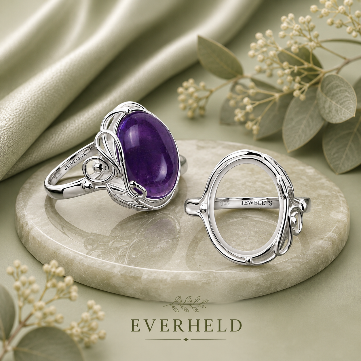 925 Sterling Silver Ring Setting Blank – Oval Bezel, Art Nouveau Leaf & Scroll Band