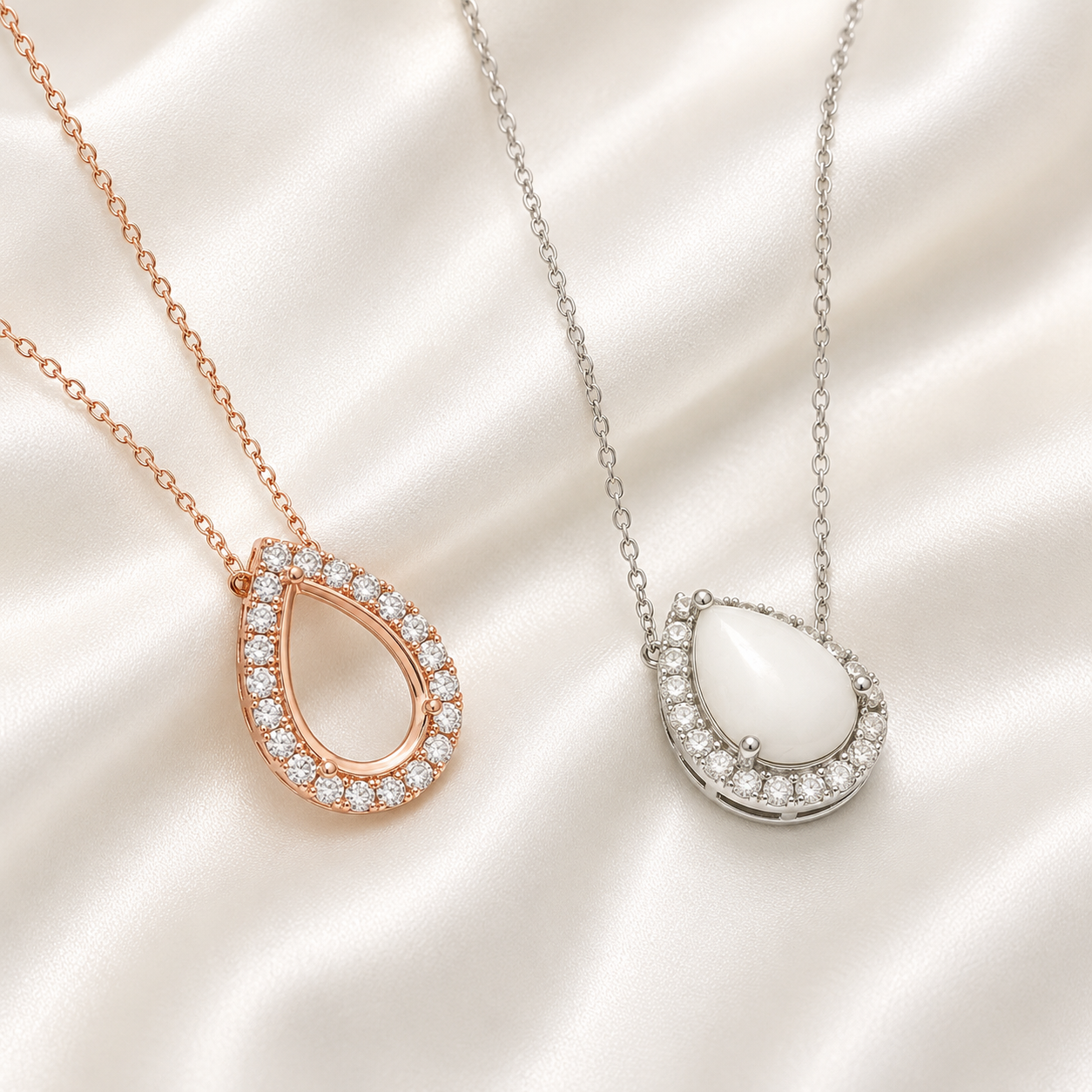 Close-up of rose gold and silver halo teardrop necklace settings showing CZ detail