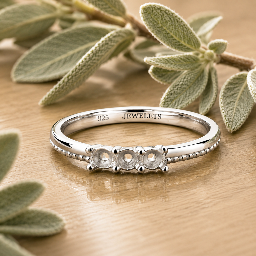 925 Sterling Silver Three Stone Ring Setting Blank – Rhodium Plated 3mm Round Prong, Beaded Band