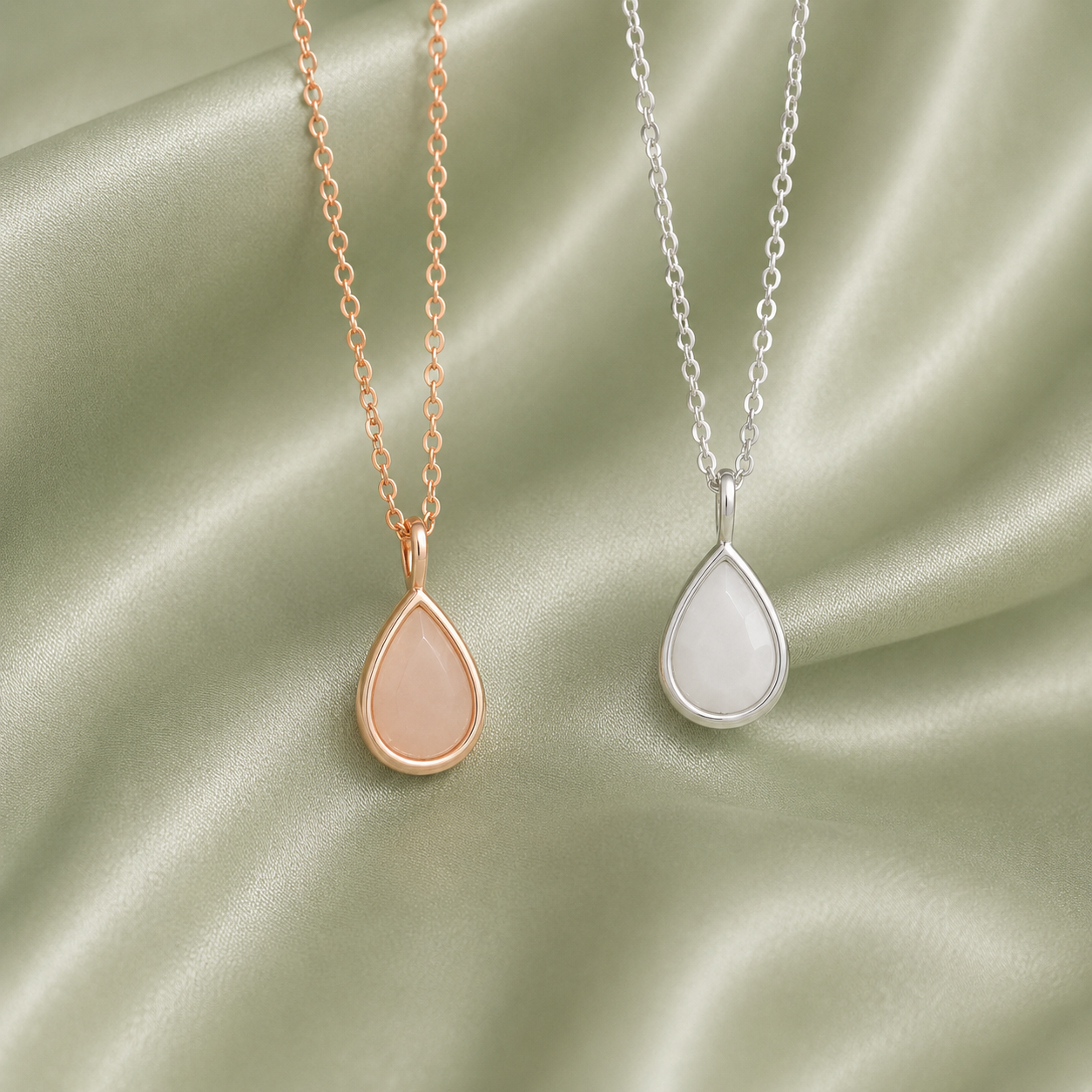Close-up of rose gold and silver 925 sterling silver teardrop necklace pendants on sage green satin