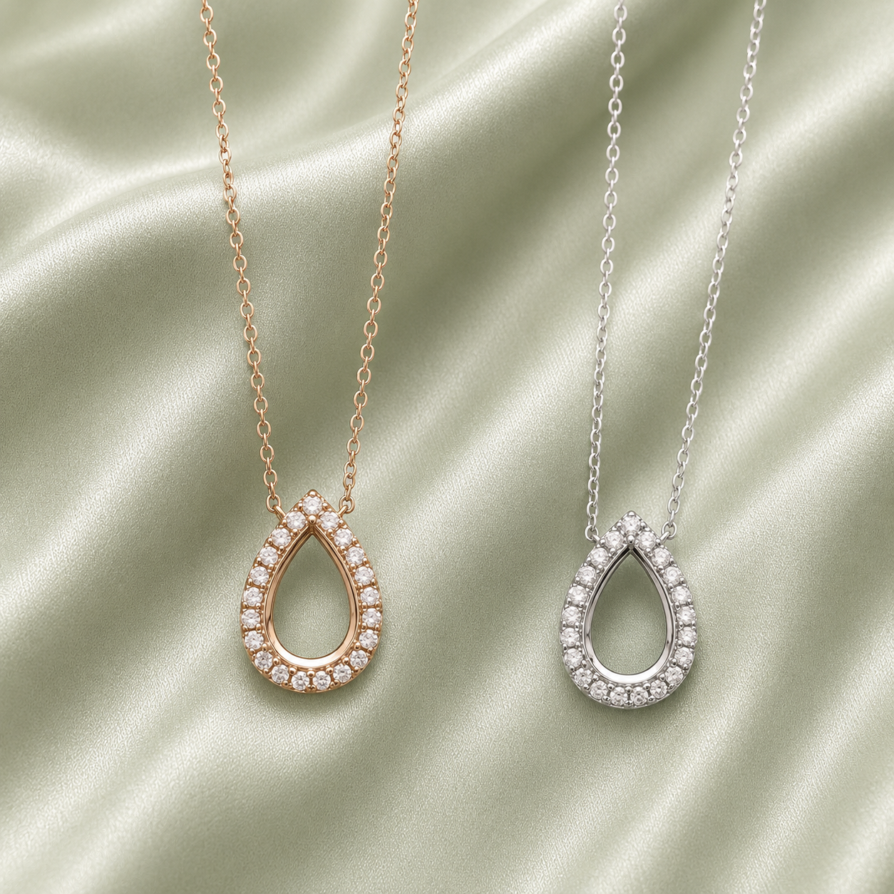 925 Sterling Silver Halo Teardrop Necklace Setting – Rose Gold and Silver on sage green background