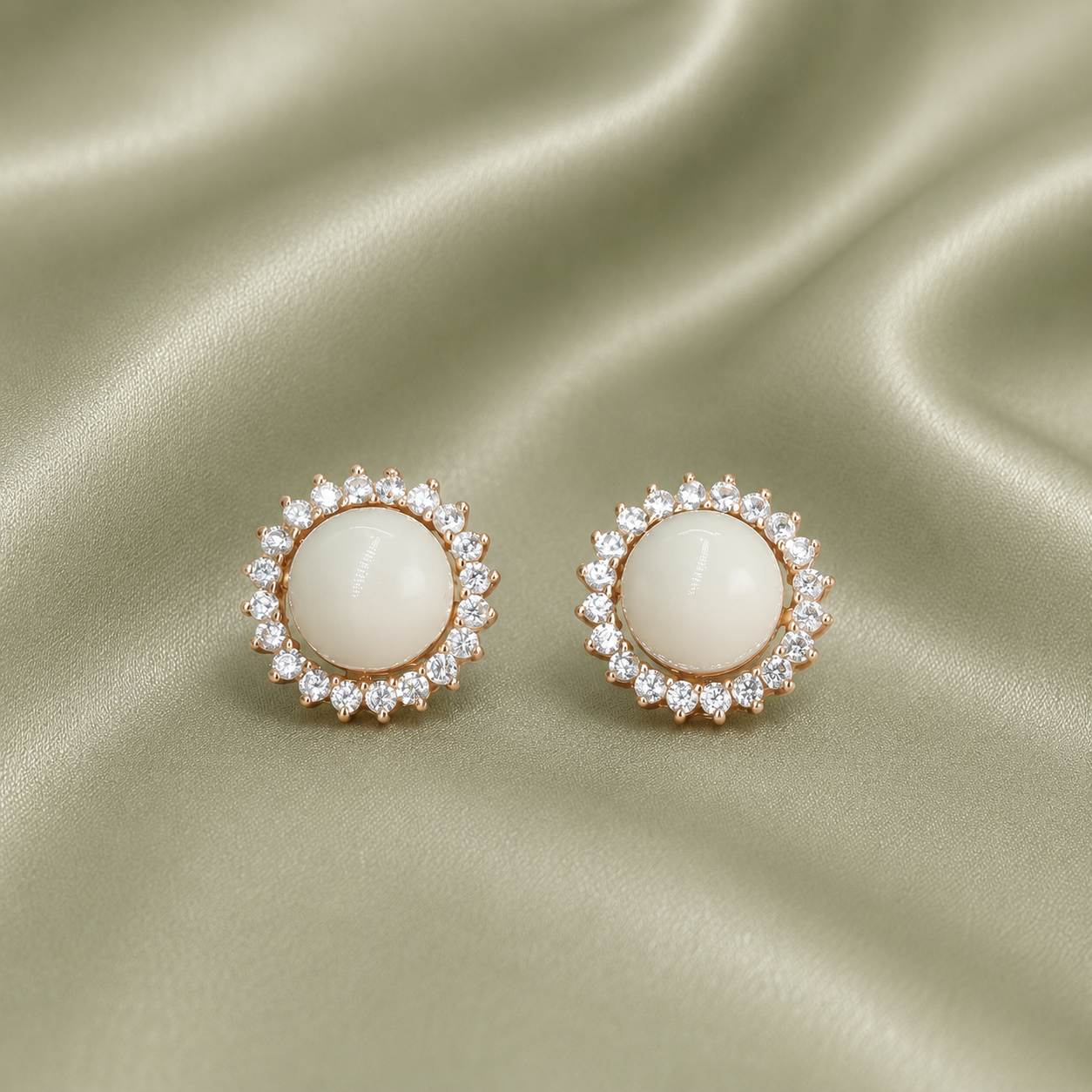 Rose gold sunflower halo earrings with white resin keepsake inclusion on sage green satin