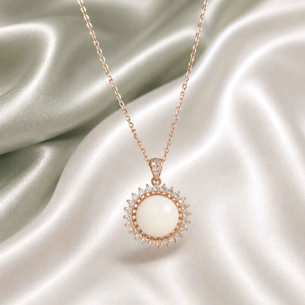 925 Sterling Silver Halo Sunflower Blank Necklace Setting – Rose Gold with white resin inclusion on sage green satin background