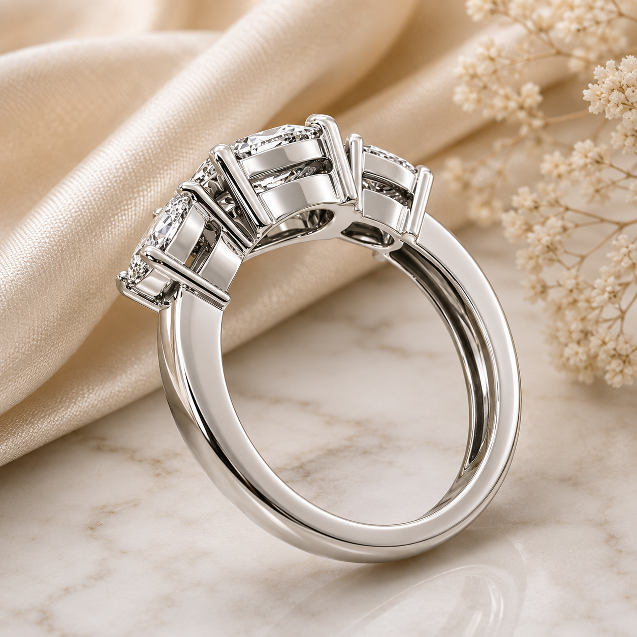 925 Sterling Silver Ring Blank – 6x8mm Oval Prong Center, 4x6mm Oval CZ Side Stones, Three-Stone Semi Mount