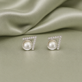 925 Sterling Silver V shape vintage stud earring settings with round bezel and pavé CZ frame on sage satin - front view