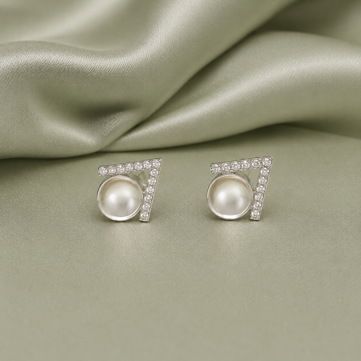 925 Sterling Silver V shape vintage stud earring settings with round bezel and pavé CZ frame on sage satin - front view