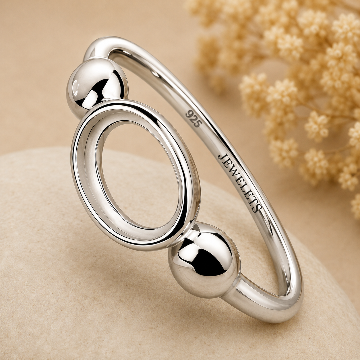 925 Sterling Silver Ring Blank – 6x8mm Oval Bezel Setting, Polished Ball Shoulders, Rhodium Plated Semi Mount