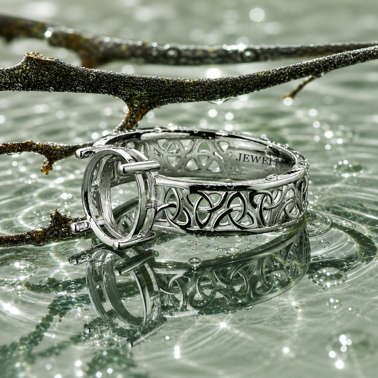 Sterling Silver Celtic Ring Blank – 8x10mm Oval Prong Setting, Rhodium Plated