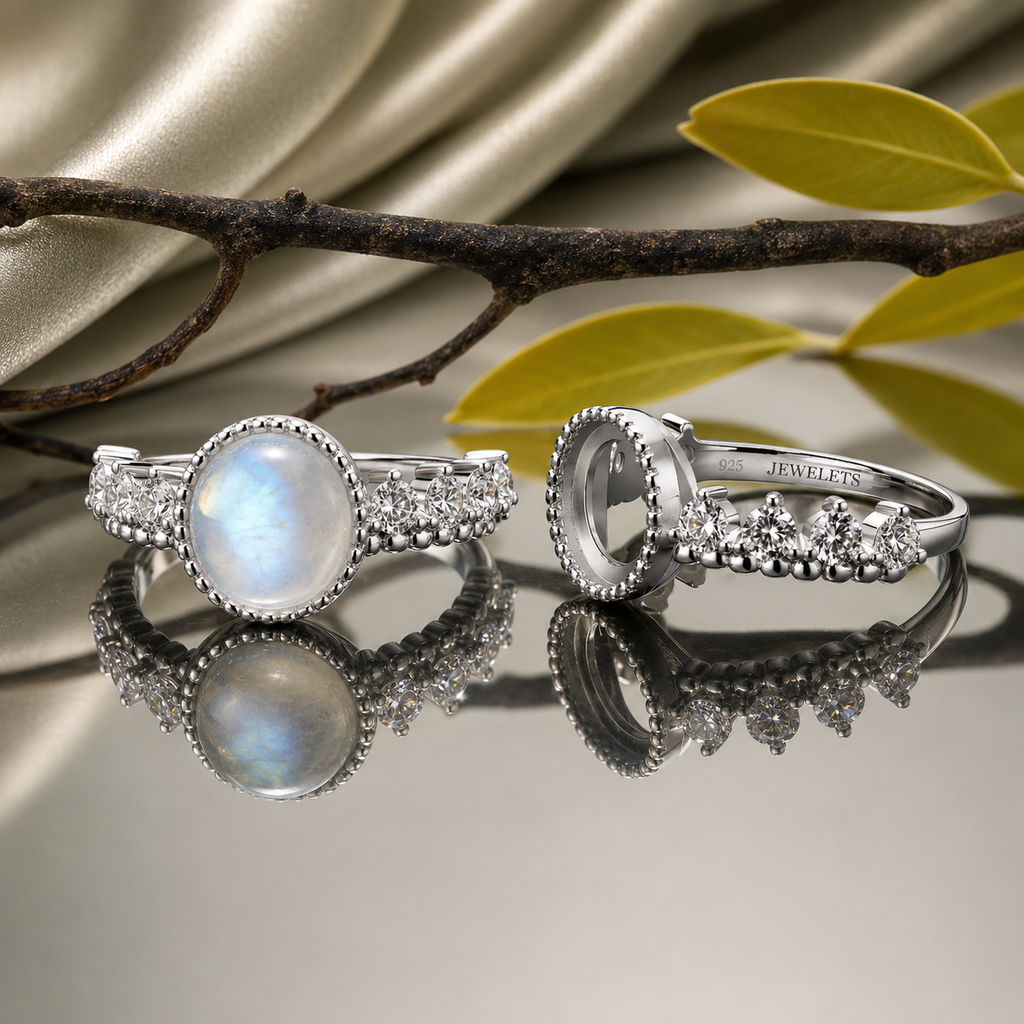 925 Sterling Silver Ring Blank – 8mm Round Full Milgrain Beaded Halo Bezel, Graduating CZ Band, Rhodium Plated Semi Mount