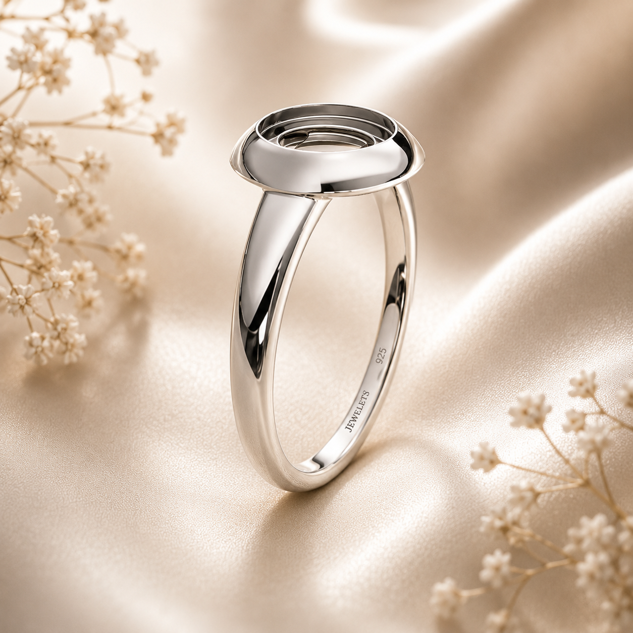 925 Sterling Silver Ring Blank – 6x8mm Oval Sculptural Dome Bezel, Open Split-Shank, Rhodium Plated Semi Mount