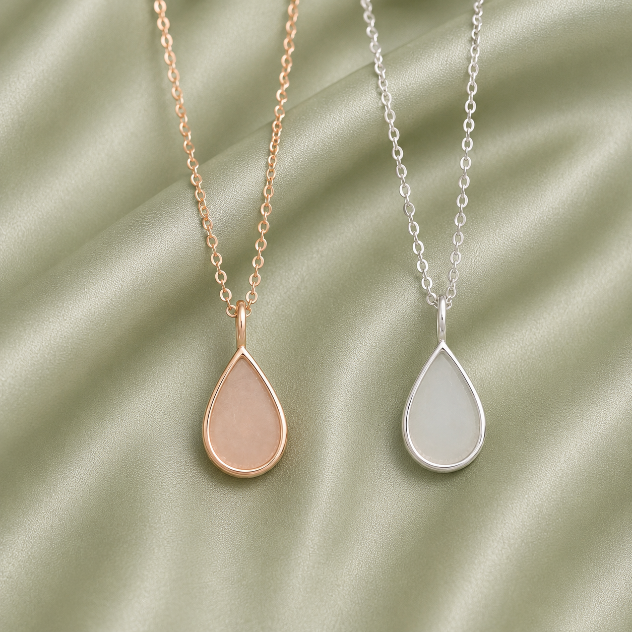 Rose gold and silver 925 sterling silver teardrop necklace settings on sage green satin fabric