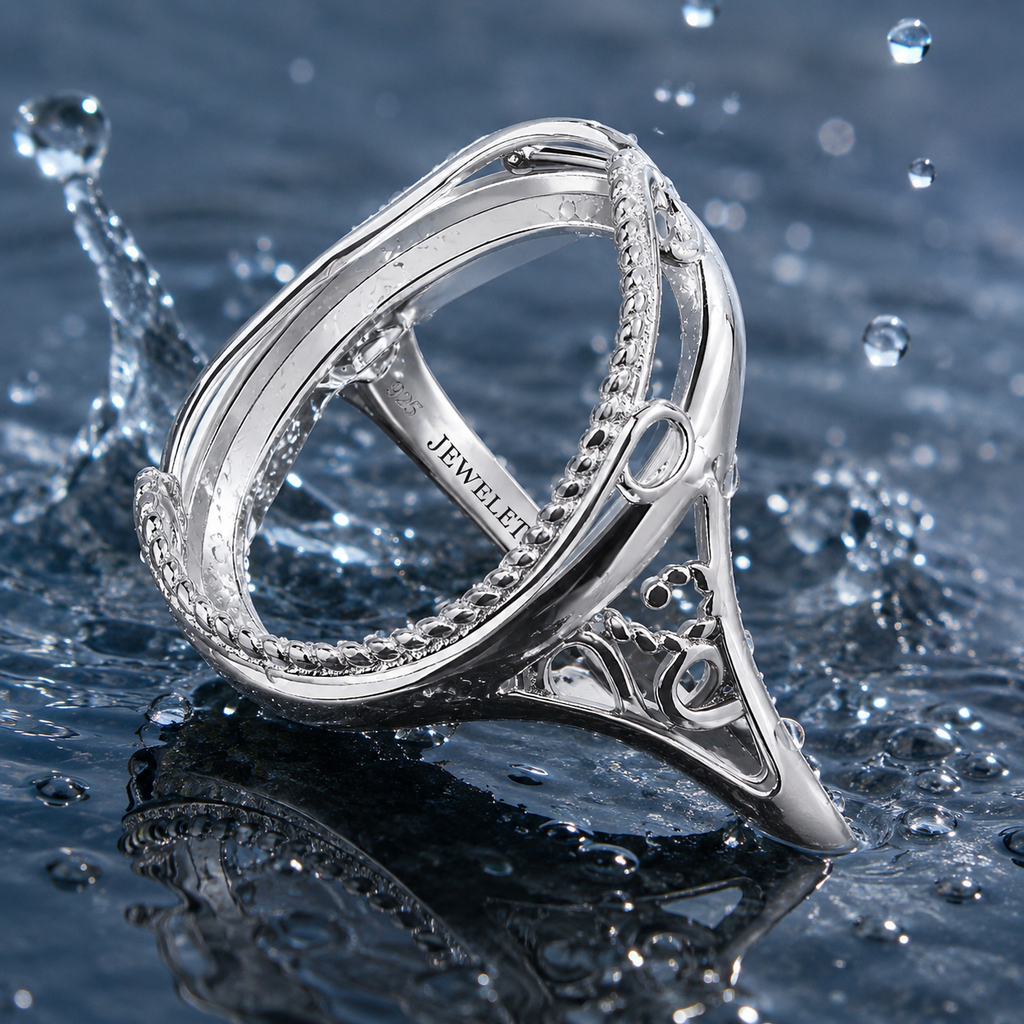 925 Sterling Silver Ring Blank – 13x18mm Large Oval Bezel, Milgrain Rope-Twist Frame, Art Nouveau Scroll Filigree Band, Rhodium Plated