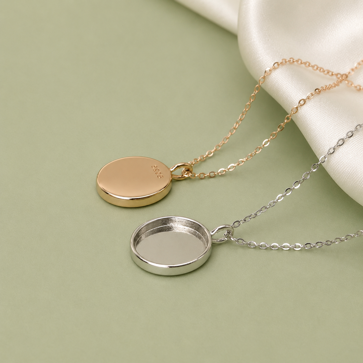 925 Sterling Silver Round Necklace Setting in rose gold and silver – open bezel pendant on cable chain
