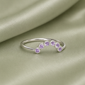 925 Sterling Silver curved bezel arc stacker ring with 6 lavender birthstone crystals on sage satin - close up