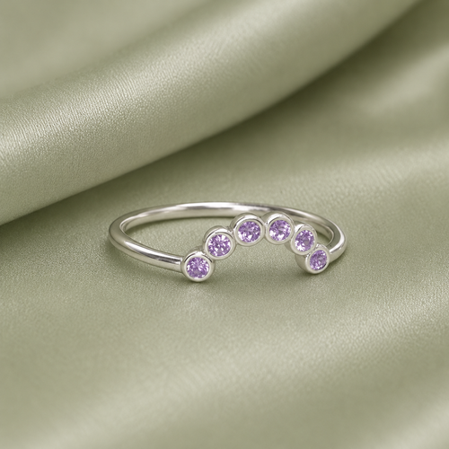 925 Sterling Silver curved bezel arc stacker ring with 6 lavender birthstone crystals on sage satin - close up