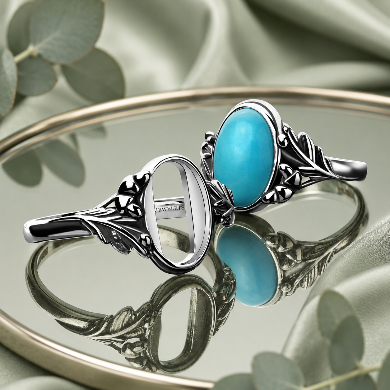 925 Sterling Silver Ring Setting Blank – 8x12mm Oval Bezel, Oak Leaf Bavarian Hunting Style Band