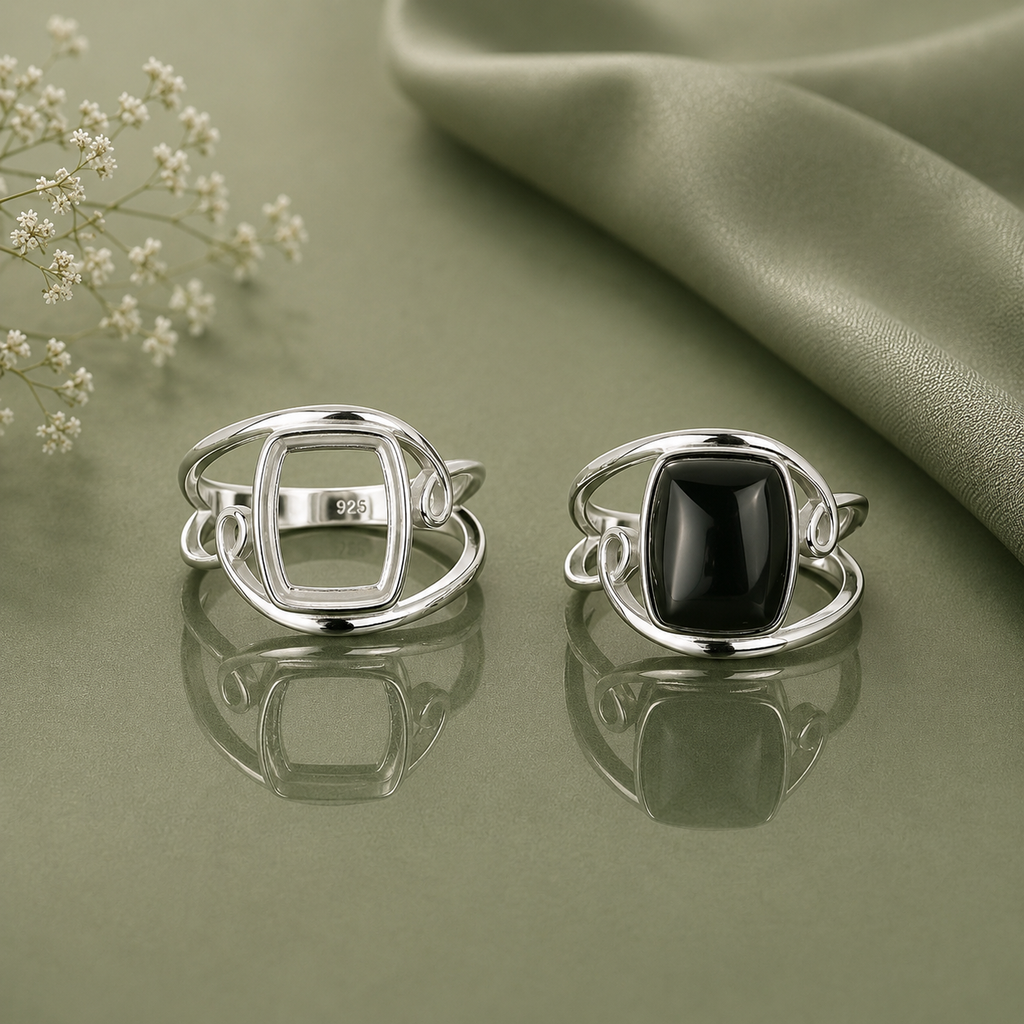 Sterling Silver Statement Ring Setting Blank – 10x12.4mm Cushion Bezel, Open Wire-Wrap Scroll Band
