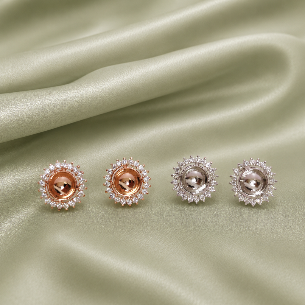 Rose gold and silver sunflower halo earring blank settings showing open center bezel