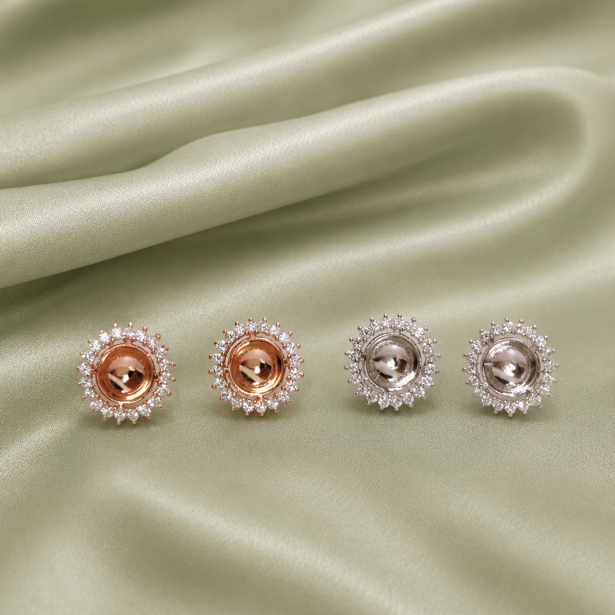 Rose gold and silver sunflower halo earring blank settings showing open center bezel