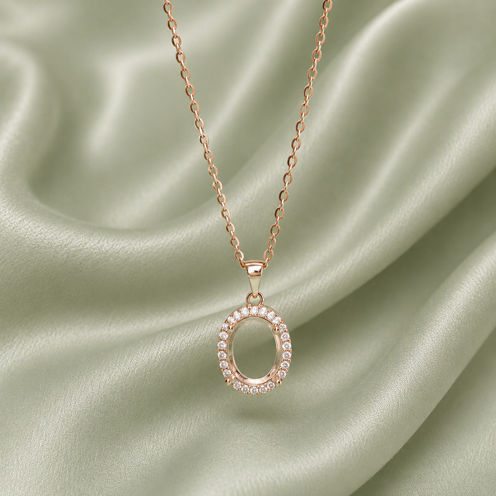 Rose gold 925 sterling silver halo oval necklace setting with CZ surround on sage green satin