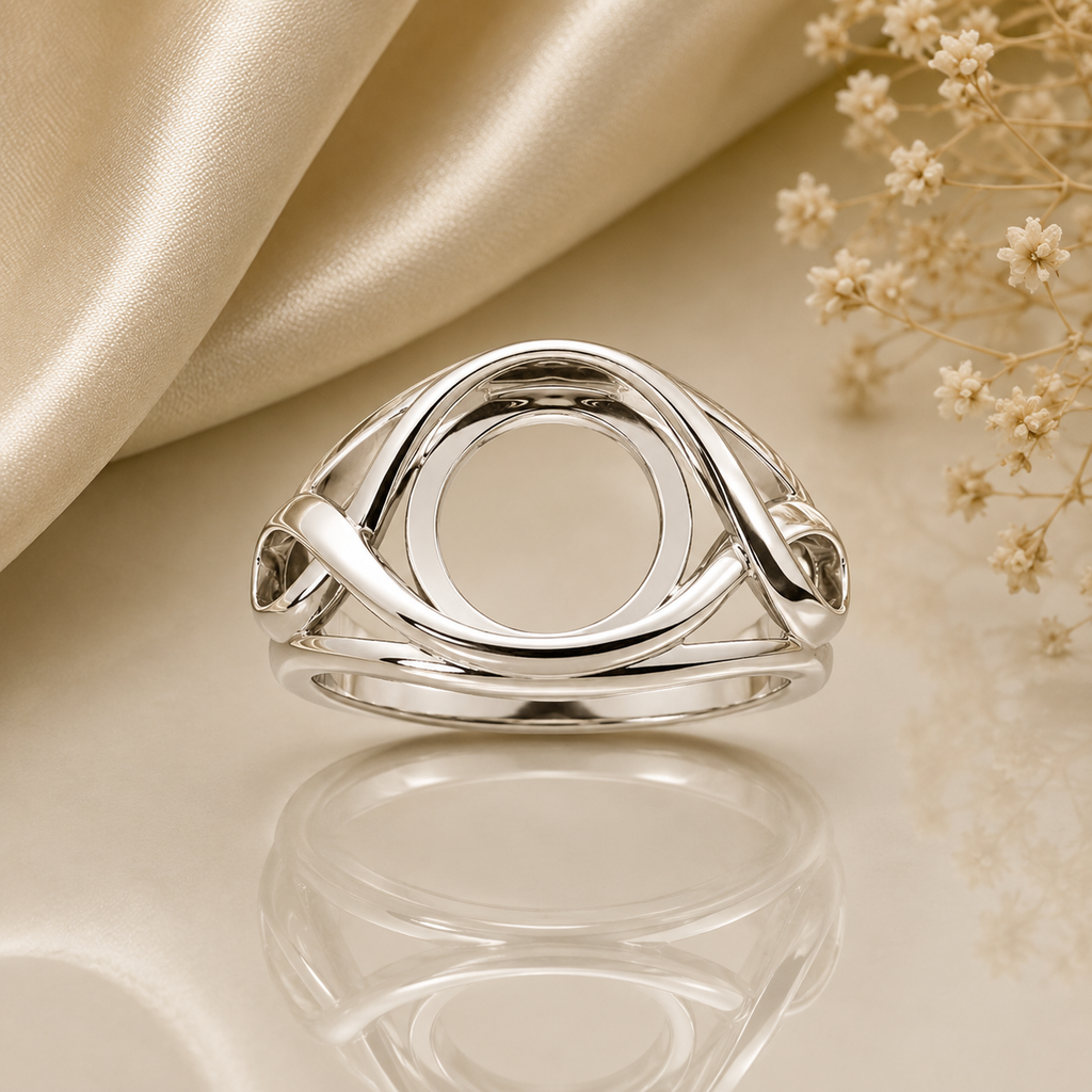 925 Sterling Silver Ring Blank – 10mm Round Bezel Setting, Celtic Infinity Twist Open-Band, Semi Mount