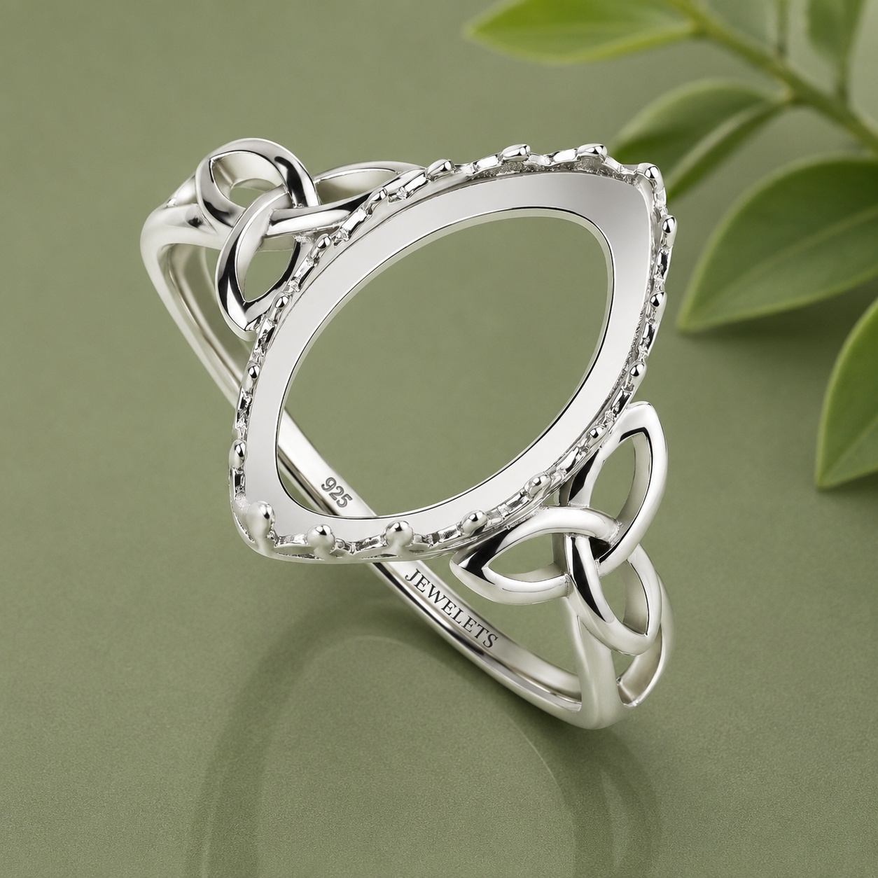 925 Sterling Silver Ring Blank – 8x16mm Marquise Navette Bezel, Serrated Milgrain Frame, Celtic Trinity Knot Shoulders, Semi Mount