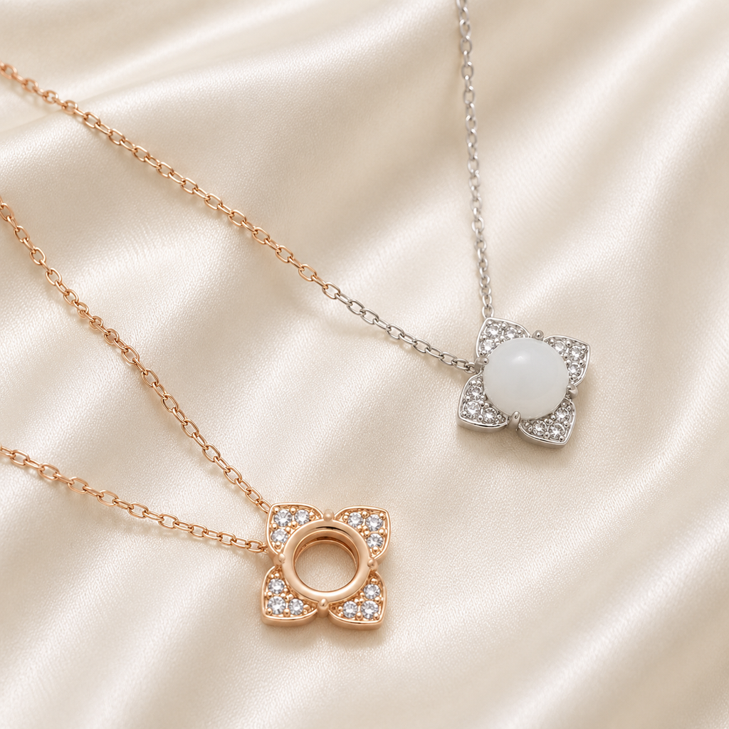 925 Sterling Silver Fountain Blank Necklace Setting – Rose Gold open blank and Silver with resin on cream background