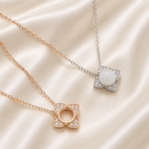 925 Sterling Silver Fountain Blank Necklace Setting – Rose Gold open blank and Silver with resin on cream background