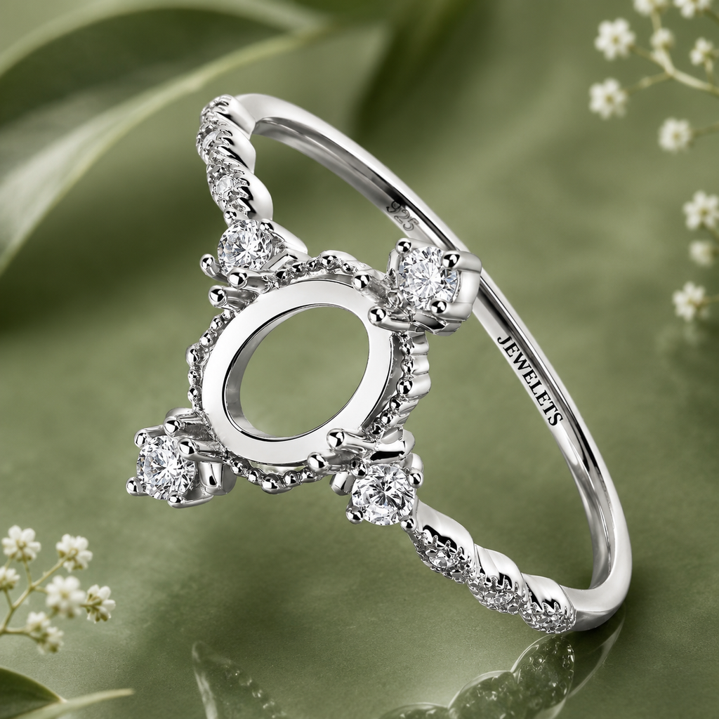 Sterling Silver Ring Setting Blank: 5x7mm Oval, CZ Halo, Vintage Style