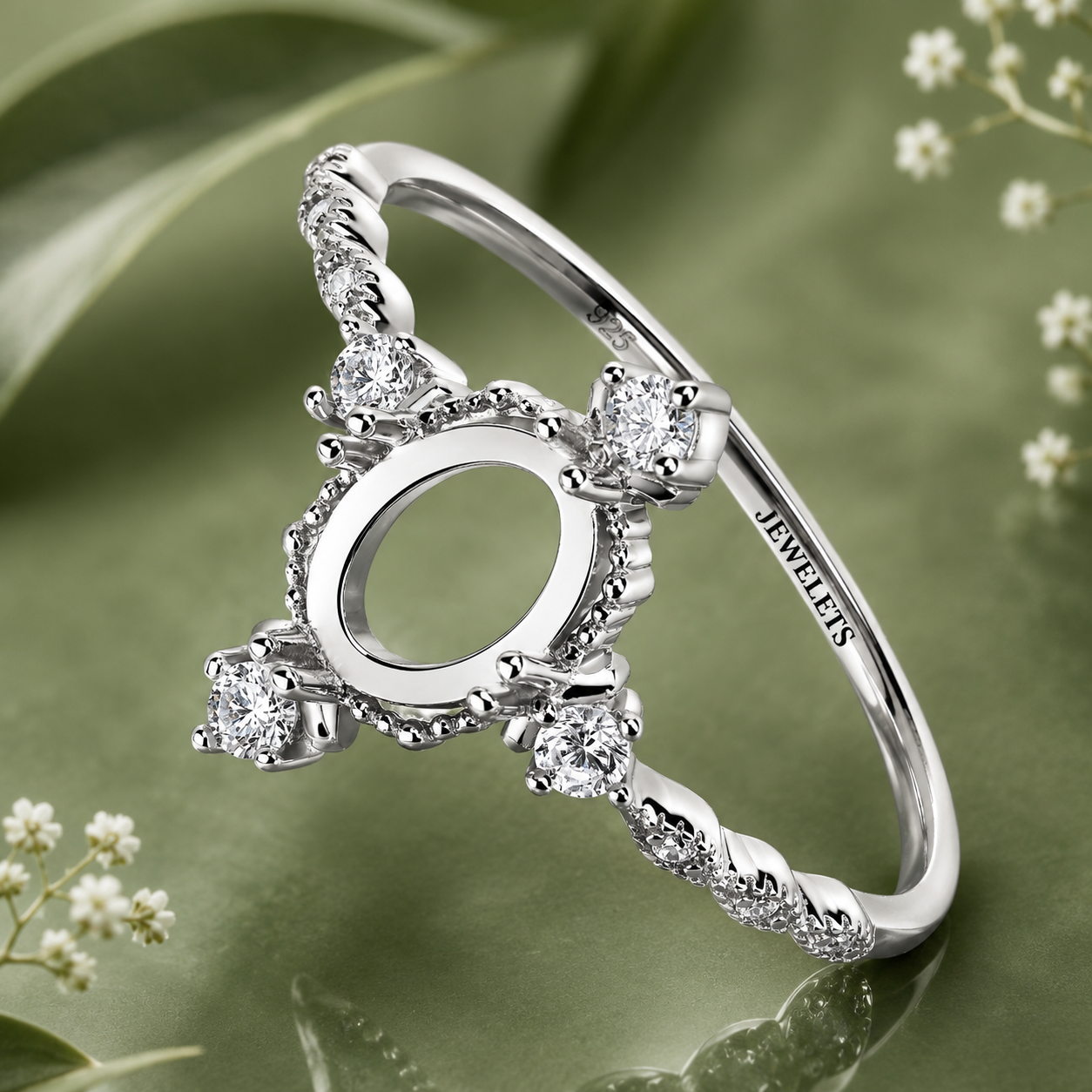 Sterling Silver Ring Setting Blank: 5x7mm Oval, CZ Halo, Vintage Style
