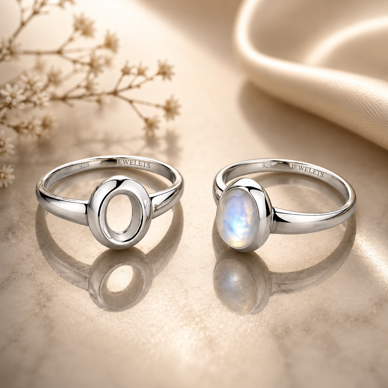 925 Sterling Silver Ring Blank – 6x8mm Oval Sculptural Dome Bezel, Open Split-Shank, Rhodium Plated Semi Mount