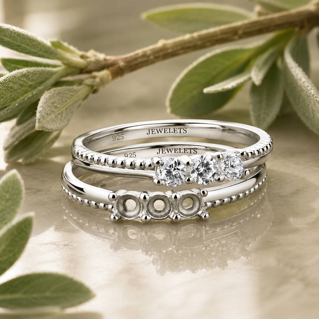925 Sterling Silver Three Stone Ring Setting Blank – Rhodium Plated 3mm Round Prong, Beaded Band
