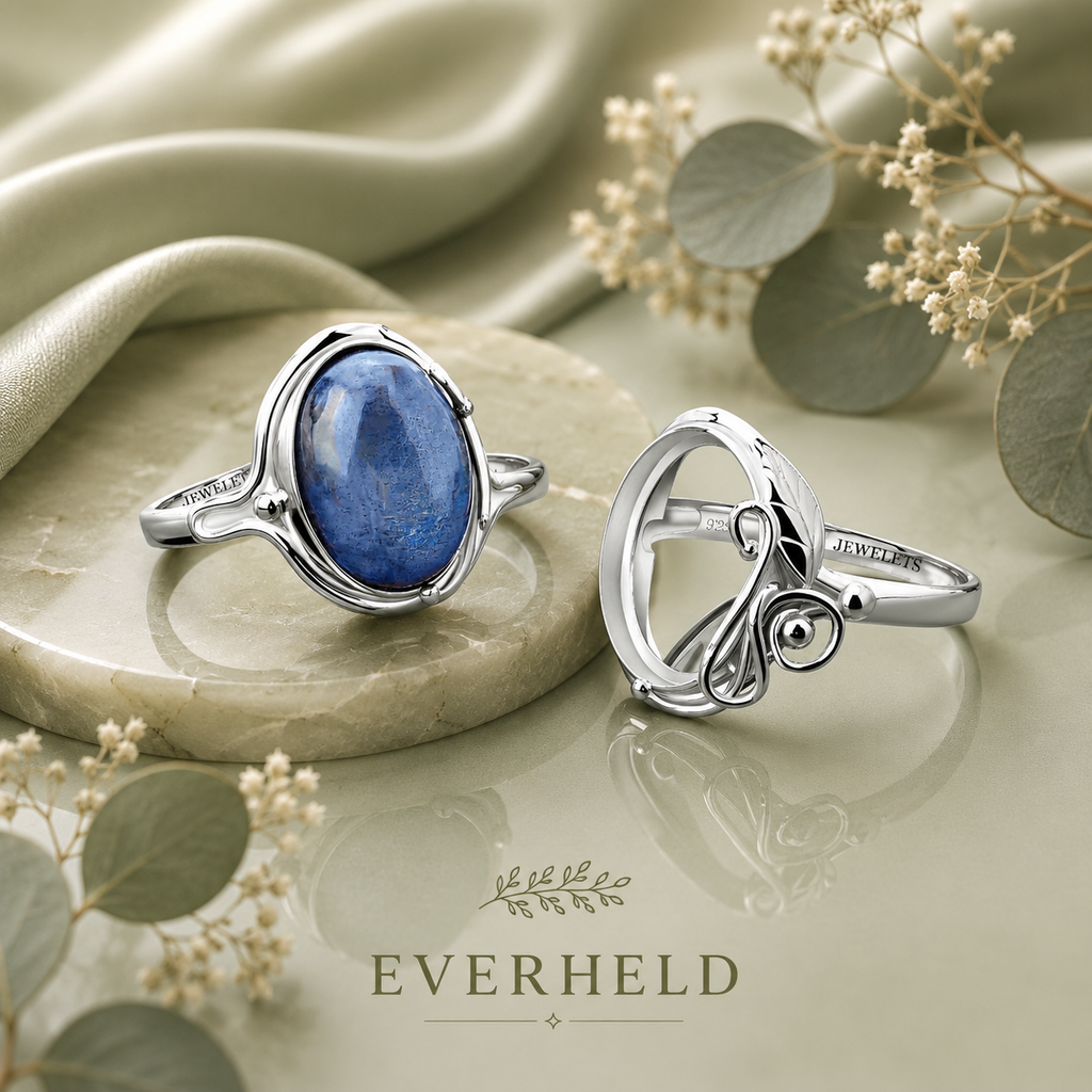 925 Sterling Silver Ring Setting Blank – Oval Bezel, Art Nouveau Leaf & Scroll Band