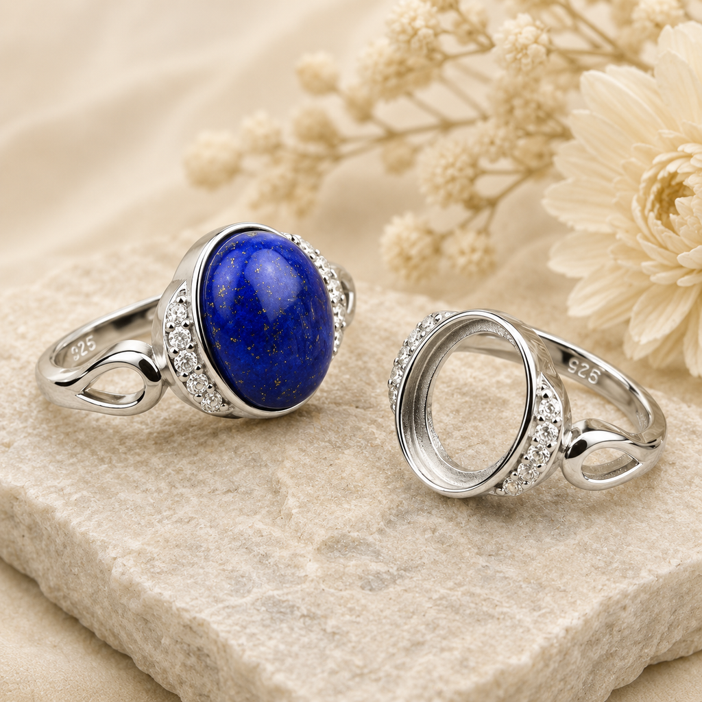 925 Sterling Silver Ring Blank – 8x10mm Oval Cabochon, Full Pavé CZ Half-Halo, Open Teardrop Tail, Semi Mount